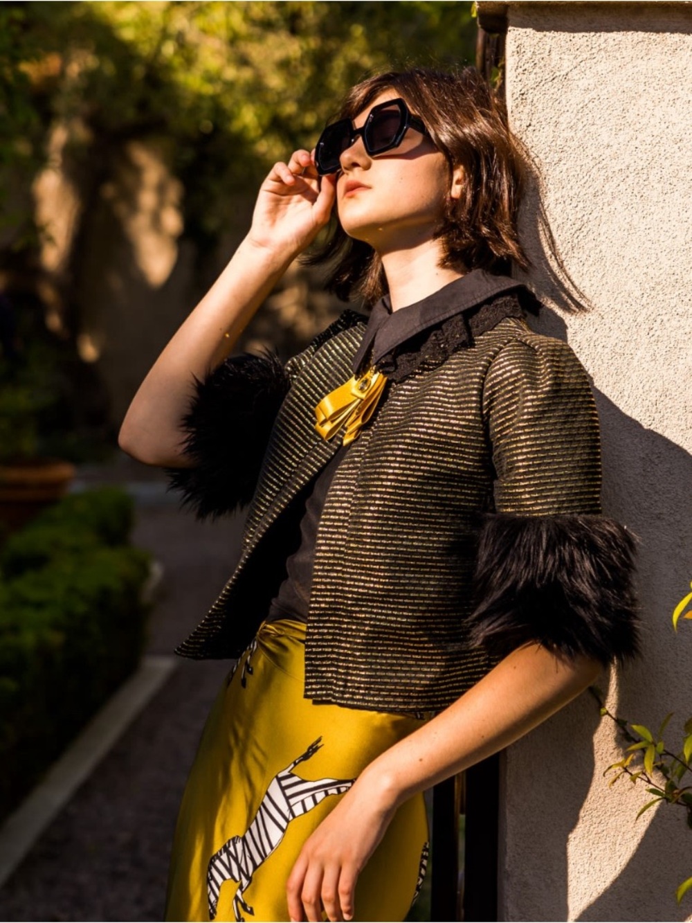 Gold & Black Cropped Jacket with Faux Fur Cuffs
